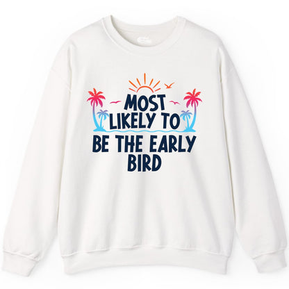 Early Bird Beach Shirt - Tropical Sunrise Palm Tree Vacation Tee (Sweatshirt) in White - Early Bird Tropical Sunrise Shirt - Palm Trees Birds Beach Tee