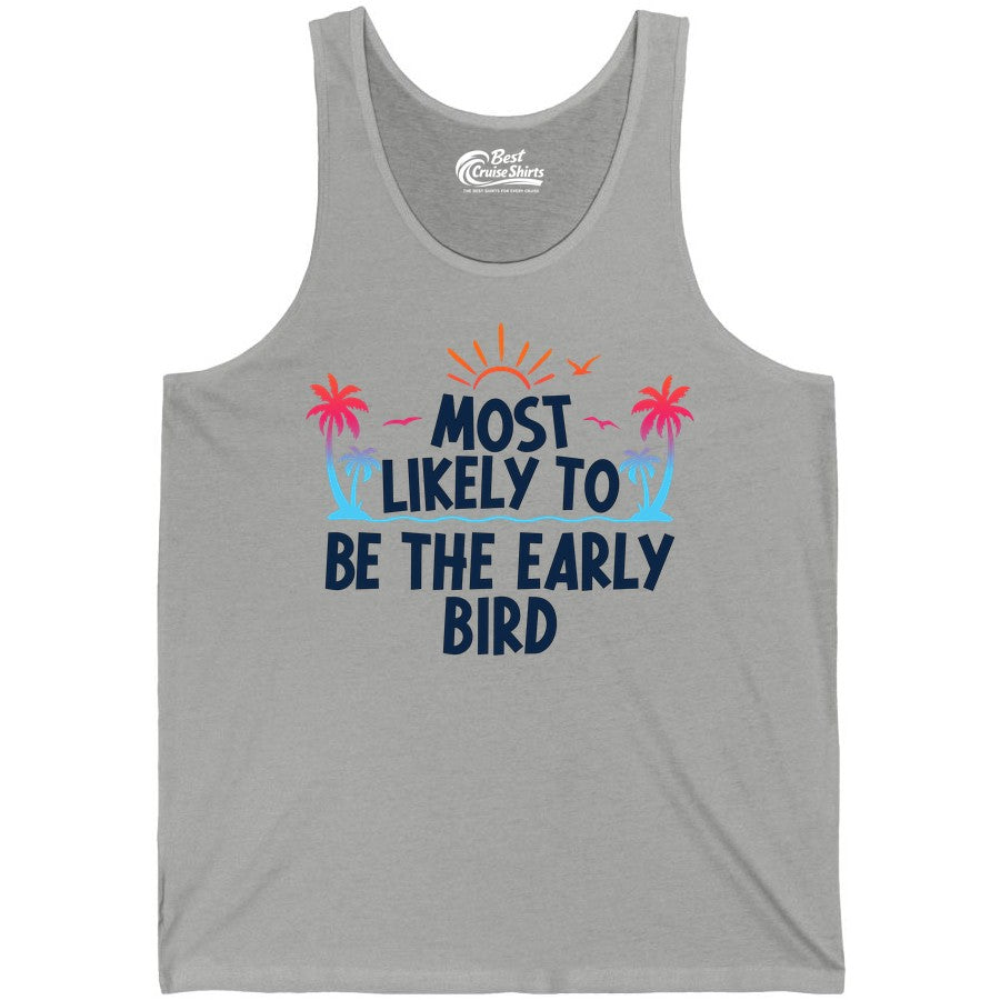 Early Bird Beach Shirt - Tropical Sunrise Palm Tree Vacation Tee (Tank Top) in Athletic Heather - Early Bird Tropical Sunrise Shirt - Palm Trees Birds Beach Tee