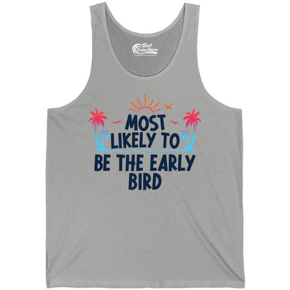 Early Bird Beach Shirt - Tropical Sunrise Palm Tree Vacation Tee (Tank Top) in Athletic Heather - Early Bird Tropical Sunrise Shirt - Palm Trees Birds Beach Tee