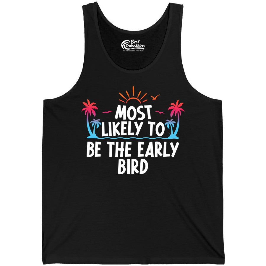 Early Bird Beach Shirt - Tropical Sunrise Palm Tree Vacation Tee (Tank Top) in Black - Early Bird Tropical Sunrise Shirt - Palm Trees Birds Beach Tee