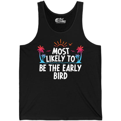 Early Bird Beach Shirt - Tropical Sunrise Palm Tree Vacation Tee (Tank Top) in Black - Early Bird Tropical Sunrise Shirt - Palm Trees Birds Beach Tee