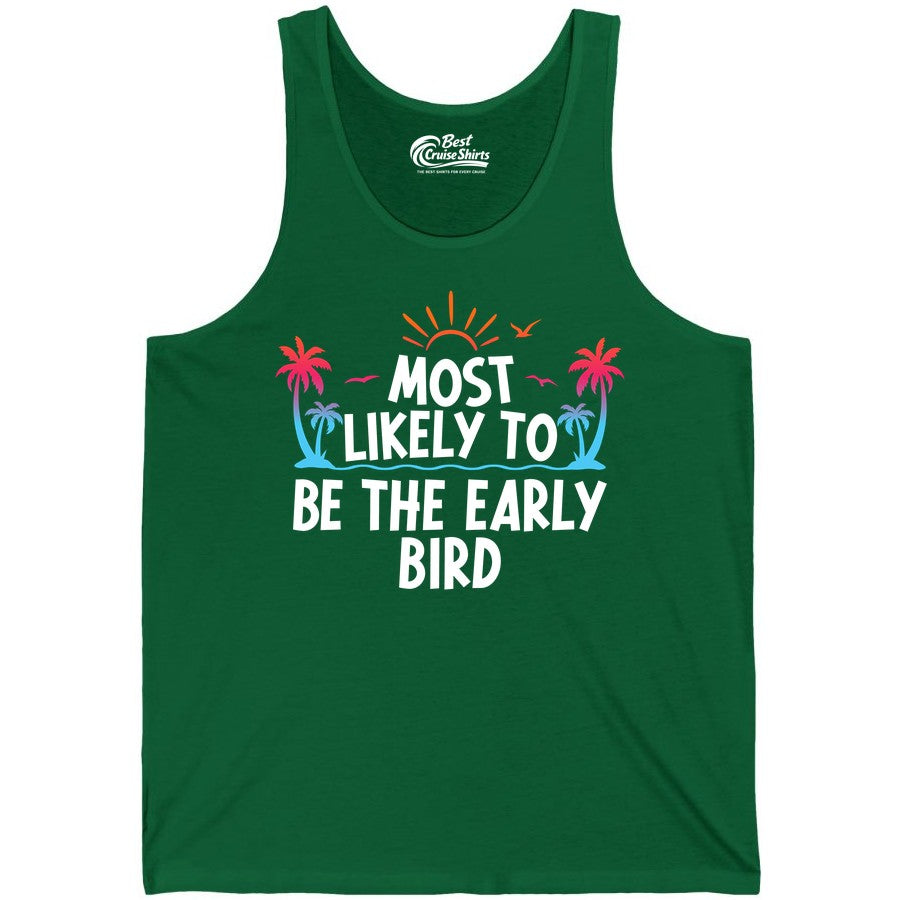 Early Bird Beach Shirt - Tropical Sunrise Palm Tree Vacation Tee (Tank Top) in Kelly - Early Bird Tropical Sunrise Shirt - Palm Trees Birds Beach Tee