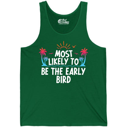 Early Bird Beach Shirt - Tropical Sunrise Palm Tree Vacation Tee (Tank Top) in Kelly - Early Bird Tropical Sunrise Shirt - Palm Trees Birds Beach Tee