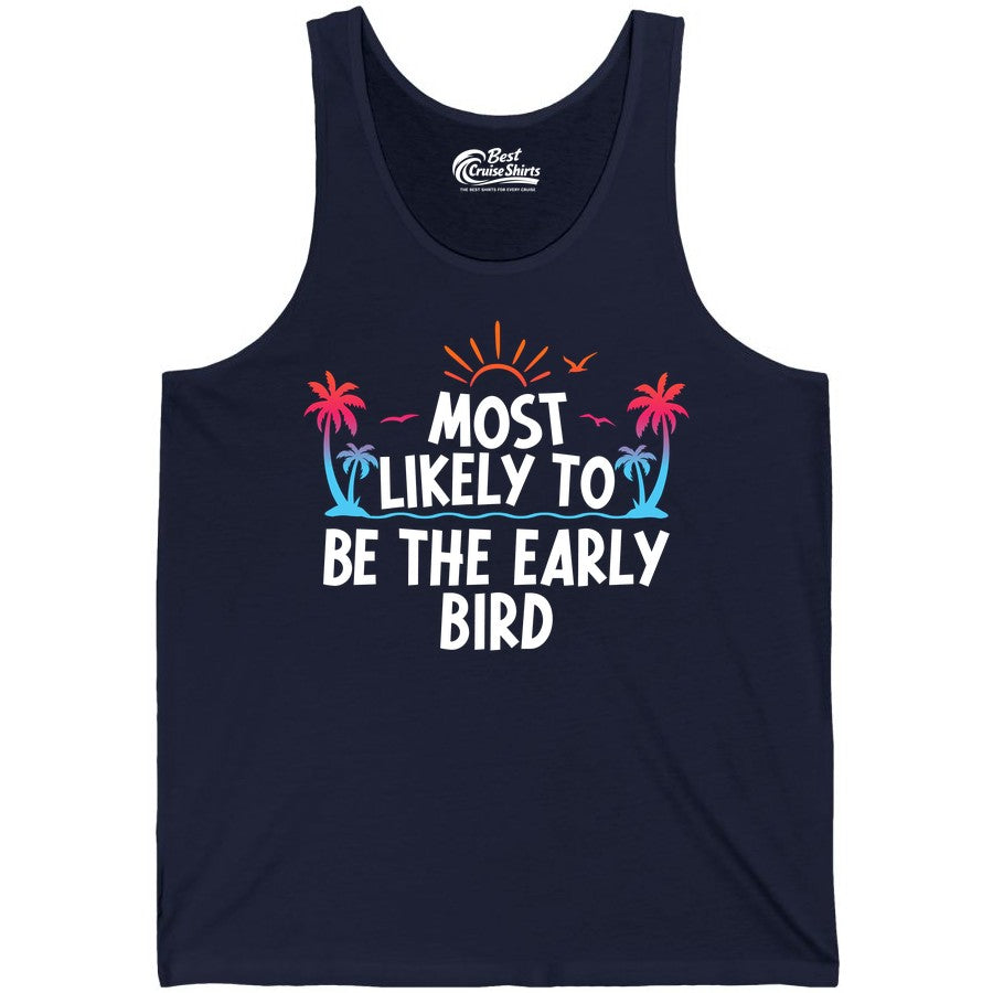 Early Bird Beach Shirt - Tropical Sunrise Palm Tree Vacation Tee (Tank Top) in Navy - Early Bird Tropical Sunrise Shirt - Palm Trees Birds Beach Tee