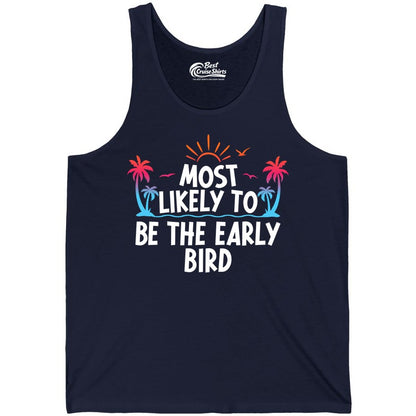 Early Bird Beach Shirt - Tropical Sunrise Palm Tree Vacation Tee (Tank Top) in Navy - Early Bird Tropical Sunrise Shirt - Palm Trees Birds Beach Tee