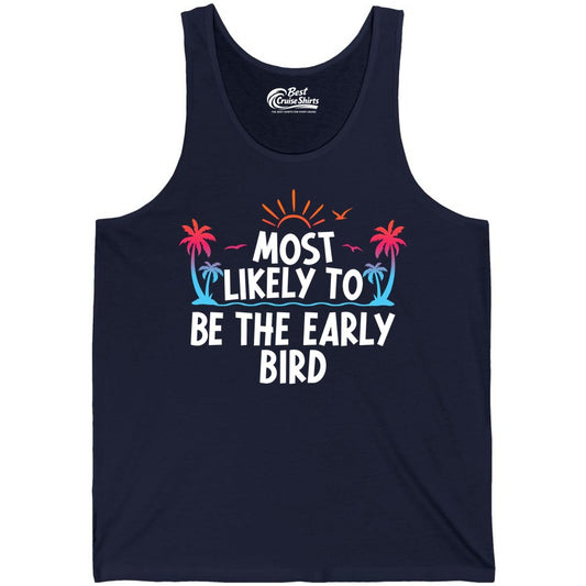 Early Bird Beach Shirt - Tropical Sunrise Palm Tree Vacation Tee (Tank Top) in Navy - Early Bird Tropical Sunrise Shirt - Palm Trees Birds Beach Tee