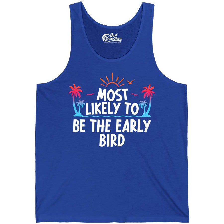 Early Bird Beach Shirt - Tropical Sunrise Palm Tree Vacation Tee (Tank Top) in True Royal - Early Bird Tropical Sunrise Shirt - Palm Trees Birds Beach Tee