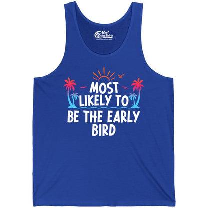 Early Bird Beach Shirt - Tropical Sunrise Palm Tree Vacation Tee (Tank Top) in True Royal - Early Bird Tropical Sunrise Shirt - Palm Trees Birds Beach Tee