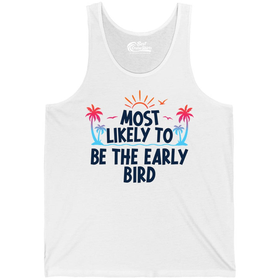 Early Bird Beach Shirt - Tropical Sunrise Palm Tree Vacation Tee (Tank Top) in White - Early Bird Tropical Sunrise Shirt - Palm Trees Birds Beach Tee