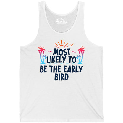 Early Bird Beach Shirt - Tropical Sunrise Palm Tree Vacation Tee (Tank Top) in White - Early Bird Tropical Sunrise Shirt - Palm Trees Birds Beach Tee