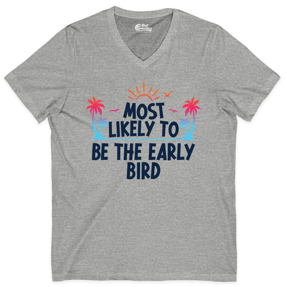 Early Bird Beach Shirt - Tropical Sunrise Palm Tree Vacation Tee (V-Neck) in Athletic Heather - Early Bird Tropical Sunrise Shirt - Palm Trees Birds Beach Tee