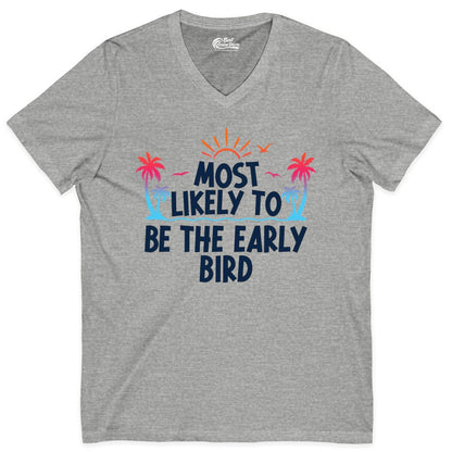 Early Bird Beach Shirt - Tropical Sunrise Palm Tree Vacation Tee (V-Neck) in Athletic Heather - Early Bird Tropical Sunrise Shirt - Palm Trees Birds Beach Tee