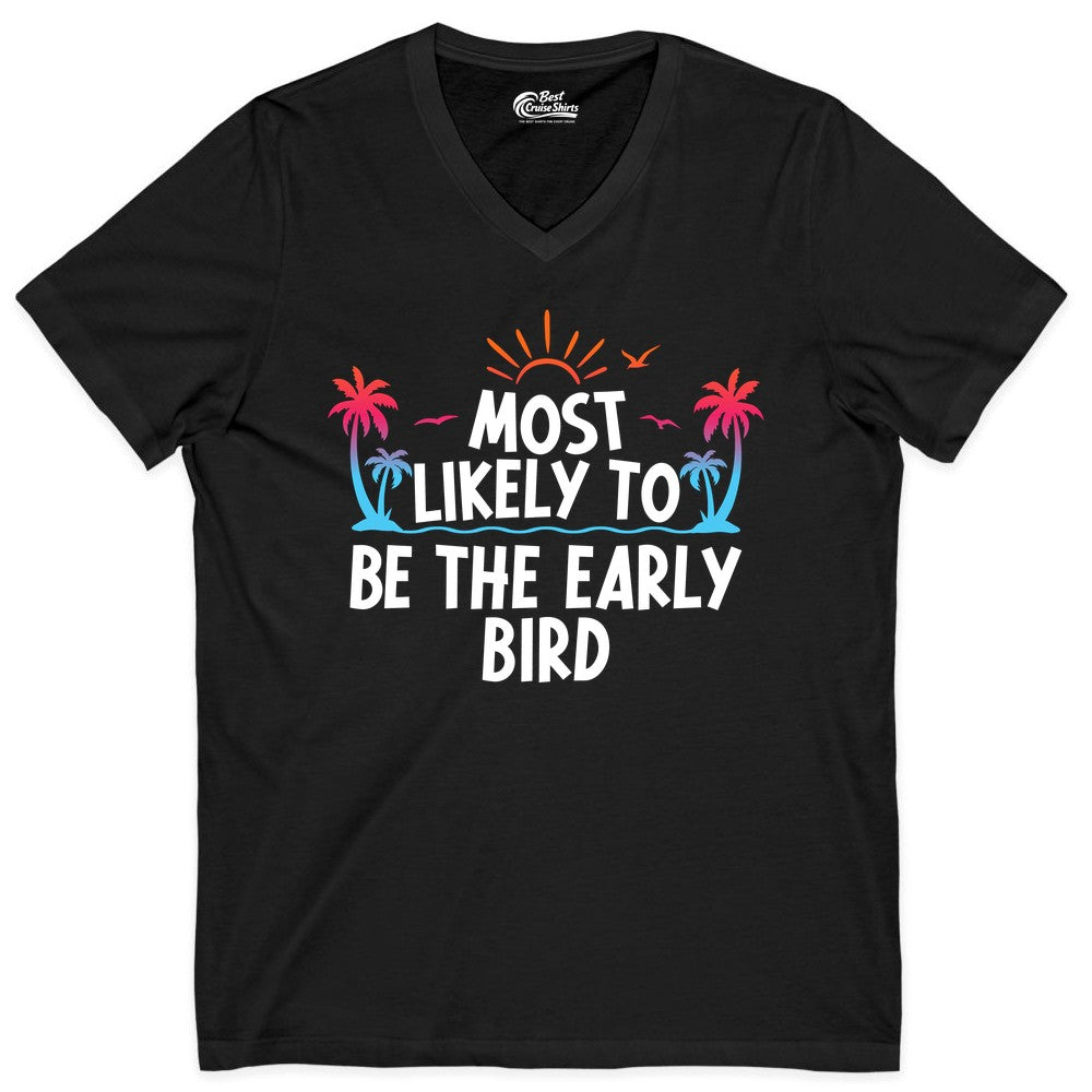 Early Bird Beach Shirt - Tropical Sunrise Palm Tree Vacation Tee (V-Neck) in Black - Early Bird Tropical Sunrise Shirt - Palm Trees Birds Beach Tee