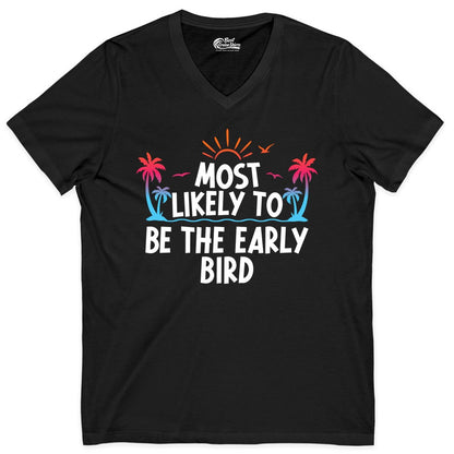 Early Bird Beach Shirt - Tropical Sunrise Palm Tree Vacation Tee (V-Neck) in Black - Early Bird Tropical Sunrise Shirt - Palm Trees Birds Beach Tee
