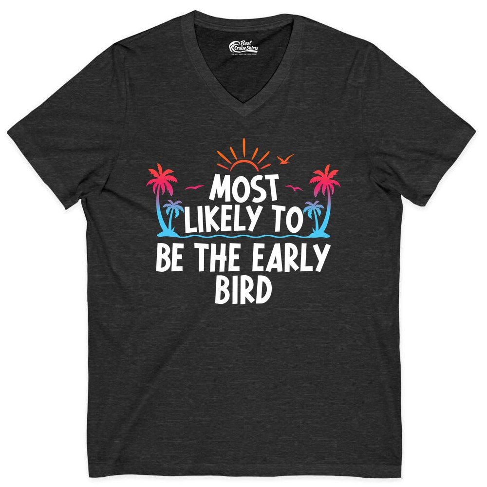 Early Bird Beach Shirt - Tropical Sunrise Palm Tree Vacation Tee (V-Neck) in Dark Grey Heather - Early Bird Tropical Sunrise Shirt - Palm Trees Birds Beach Tee