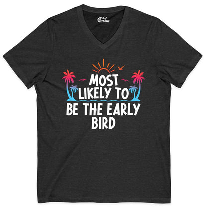 Early Bird Beach Shirt - Tropical Sunrise Palm Tree Vacation Tee (V-Neck) in Dark Grey Heather - Early Bird Tropical Sunrise Shirt - Palm Trees Birds Beach Tee