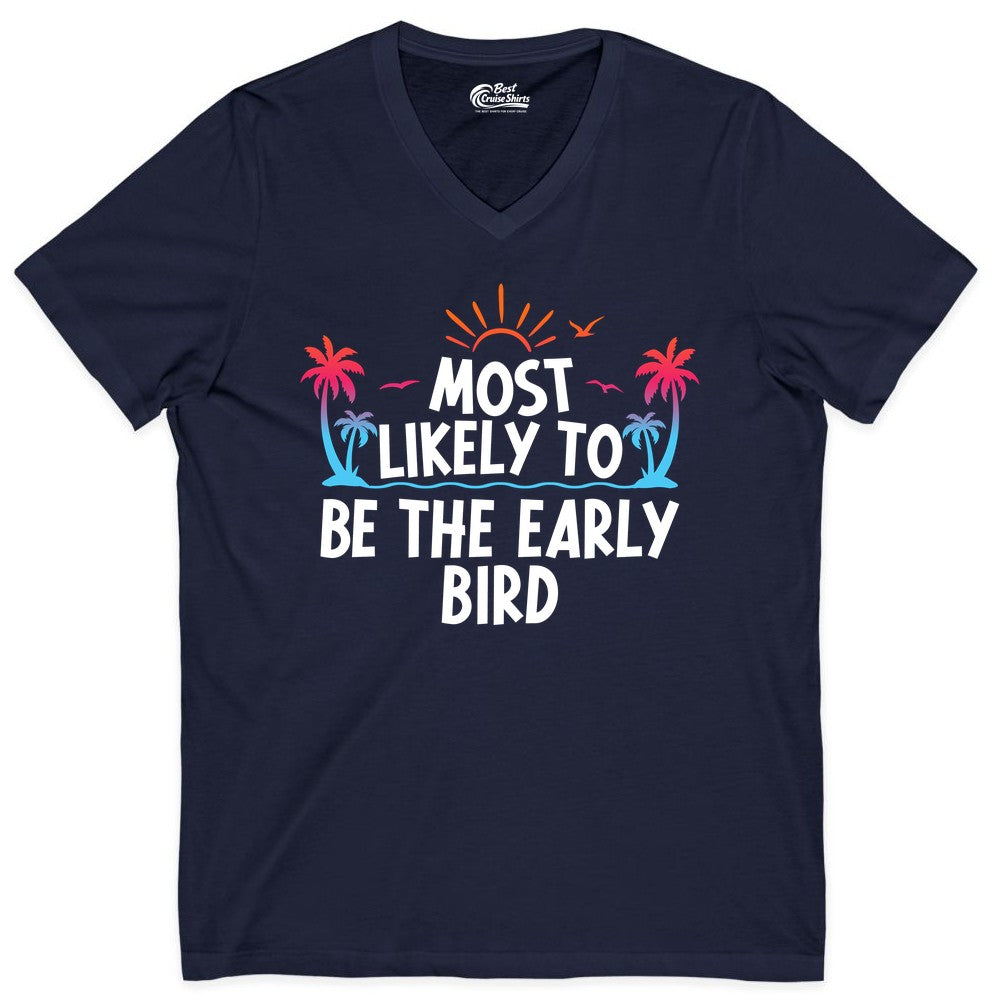 Early Bird Beach Shirt - Tropical Sunrise Palm Tree Vacation Tee (V-Neck) in Navy - Early Bird Tropical Sunrise Shirt - Palm Trees Birds Beach Tee