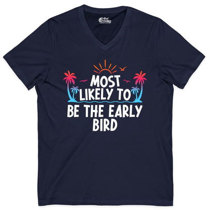 Early Bird Beach Shirt - Tropical Sunrise Palm Tree Vacation Tee (V-Neck) in Navy - Early Bird Tropical Sunrise Shirt - Palm Trees Birds Beach Tee