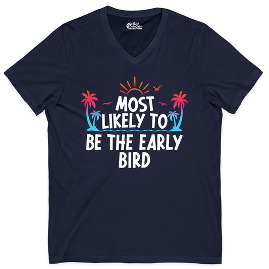Early Bird Beach Shirt - Tropical Sunrise Palm Tree Vacation Tee (V-Neck) in Navy - Early Bird Tropical Sunrise Shirt - Palm Trees Birds Beach Tee
