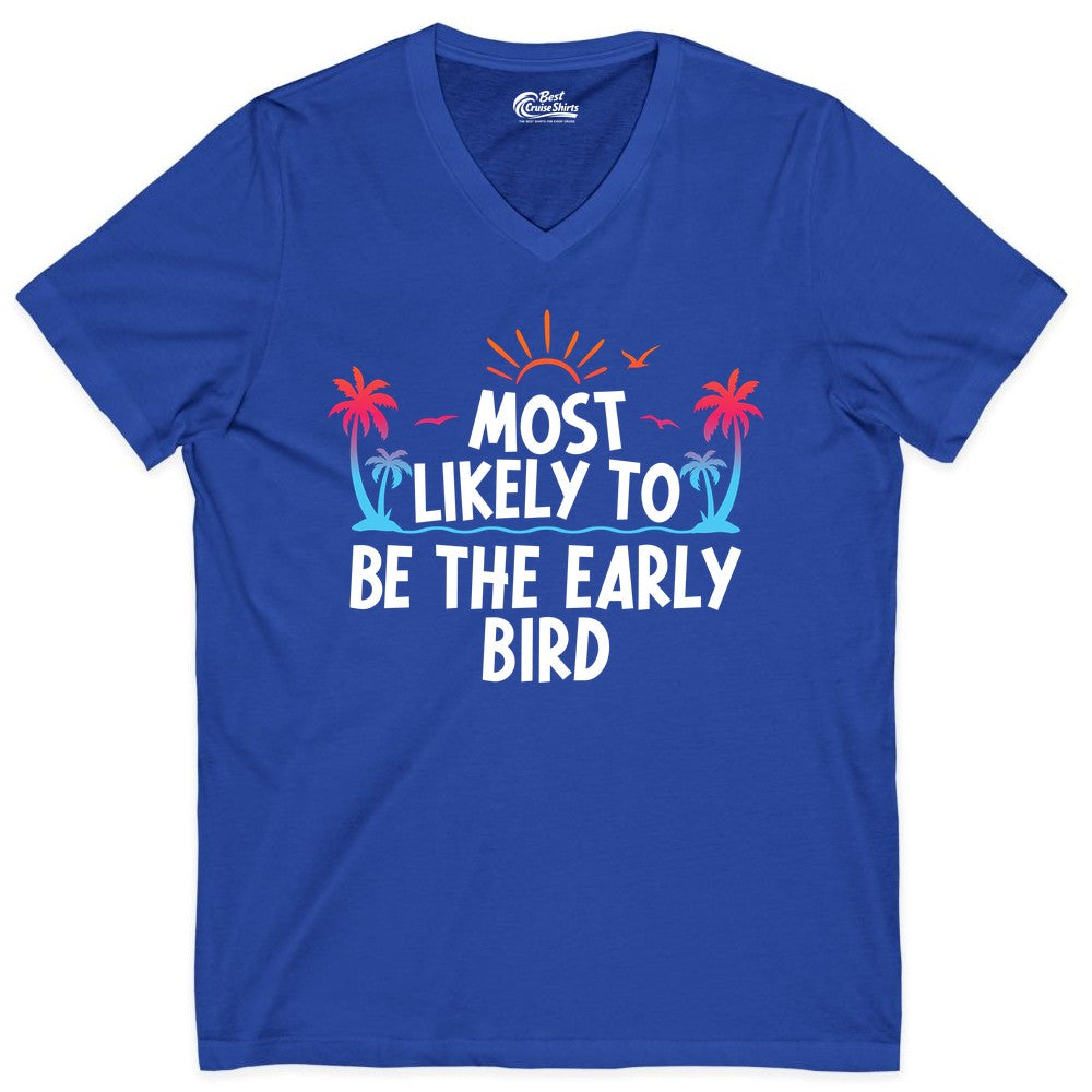 Early Bird Beach Shirt - Tropical Sunrise Palm Tree Vacation Tee (V-Neck) in True Royal - Early Bird Tropical Sunrise Shirt - Palm Trees Birds Beach Tee