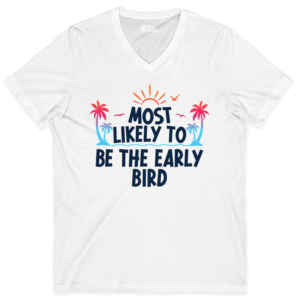 Early Bird Beach Shirt - Tropical Sunrise Palm Tree Vacation Tee (V-Neck) in White - Early Bird Tropical Sunrise Shirt - Palm Trees Birds Beach Tee