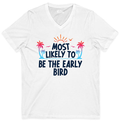 Early Bird Beach Shirt - Tropical Sunrise Palm Tree Vacation Tee (V-Neck) in White - Early Bird Tropical Sunrise Shirt - Palm Trees Birds Beach Tee