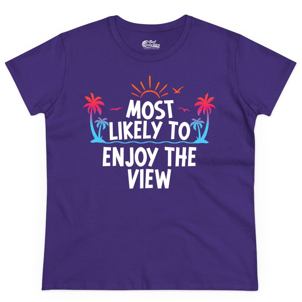 Most Likely to Enjoy the View Shirt - Tropical Vacation Beach Apparel (Ladies Tee) in Purple - Most Likely To Enjoy The View Tropical Beach Sunset Palm Trees Shirt