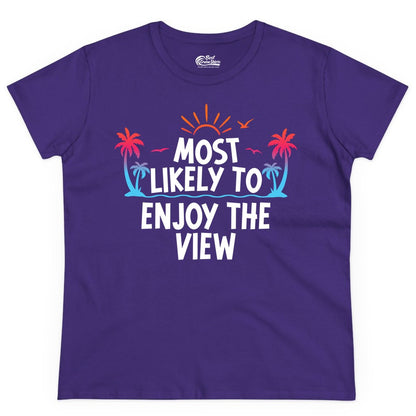 Most Likely to Enjoy the View Shirt - Tropical Vacation Beach Apparel (Ladies Tee) in Purple - Most Likely To Enjoy The View Tropical Beach Sunset Palm Trees Shirt