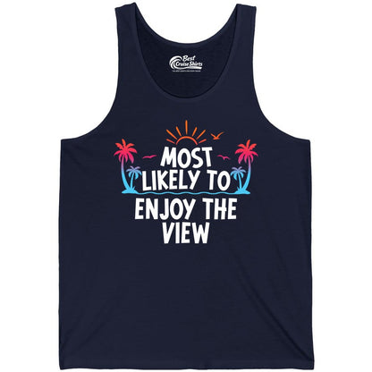 Most Likely to Enjoy the View Shirt - Tropical Vacation Beach Apparel (Tank Top) in Navy - Most Likely To Enjoy The View Tropical Beach Sunset Palm Trees Shirt