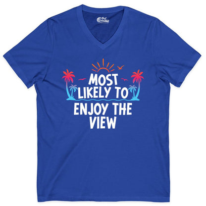 Most Likely to Enjoy the View Shirt - Tropical Vacation Beach Apparel (V-Neck) in True Royal - Most Likely To Enjoy The View Tropical Beach Sunset Palm Trees Shirt