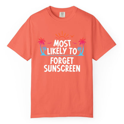 Most Likely to Forget Sunscreen Shirt - Funny Beach Vacation Tee (Comfort Color) in Bright Salmon - Most Likely To Forget Sunscreen Shirt - Funny Tropical Beach Sunset Tee