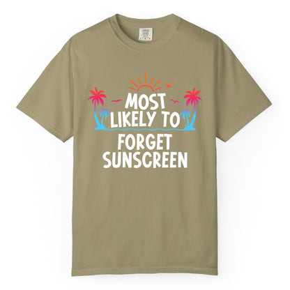 Most Likely to Forget Sunscreen Shirt - Funny Beach Vacation Tee (Comfort Color) in Khaki - Most Likely To Forget Sunscreen Shirt - Funny Tropical Beach Sunset Tee