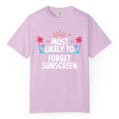 Most Likely to Forget Sunscreen Shirt - Funny Beach Vacation Tee (Comfort Color) in Orchid - Most Likely To Forget Sunscreen Shirt - Funny Tropical Beach Sunset Tee