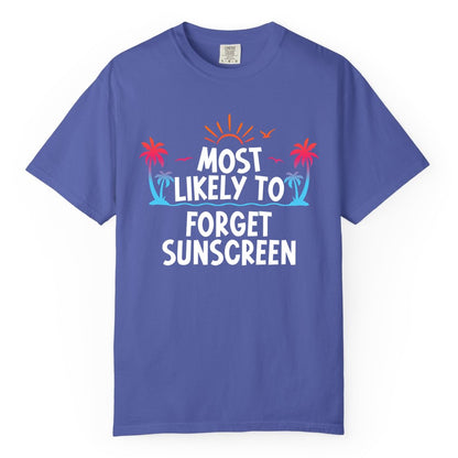 Most Likely to Forget Sunscreen Shirt - Funny Beach Vacation Tee (Comfort Color) in Periwinkle - Most Likely To Forget Sunscreen Shirt - Funny Tropical Beach Sunset Tee