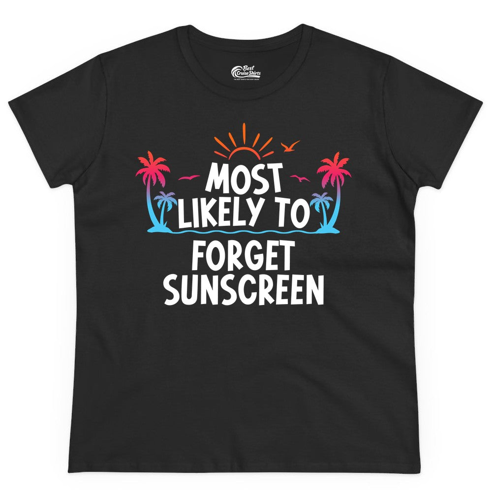 Most Likely to Forget Sunscreen Shirt - Funny Beach Vacation Tee (Ladies Tee) in Black - Most Likely To Forget Sunscreen Shirt - Funny Tropical Beach Sunset Tee