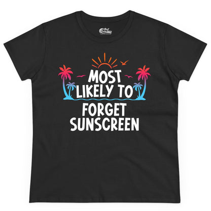 Most Likely to Forget Sunscreen Shirt - Funny Beach Vacation Tee (Ladies Tee) in Black - Most Likely To Forget Sunscreen Shirt - Funny Tropical Beach Sunset Tee
