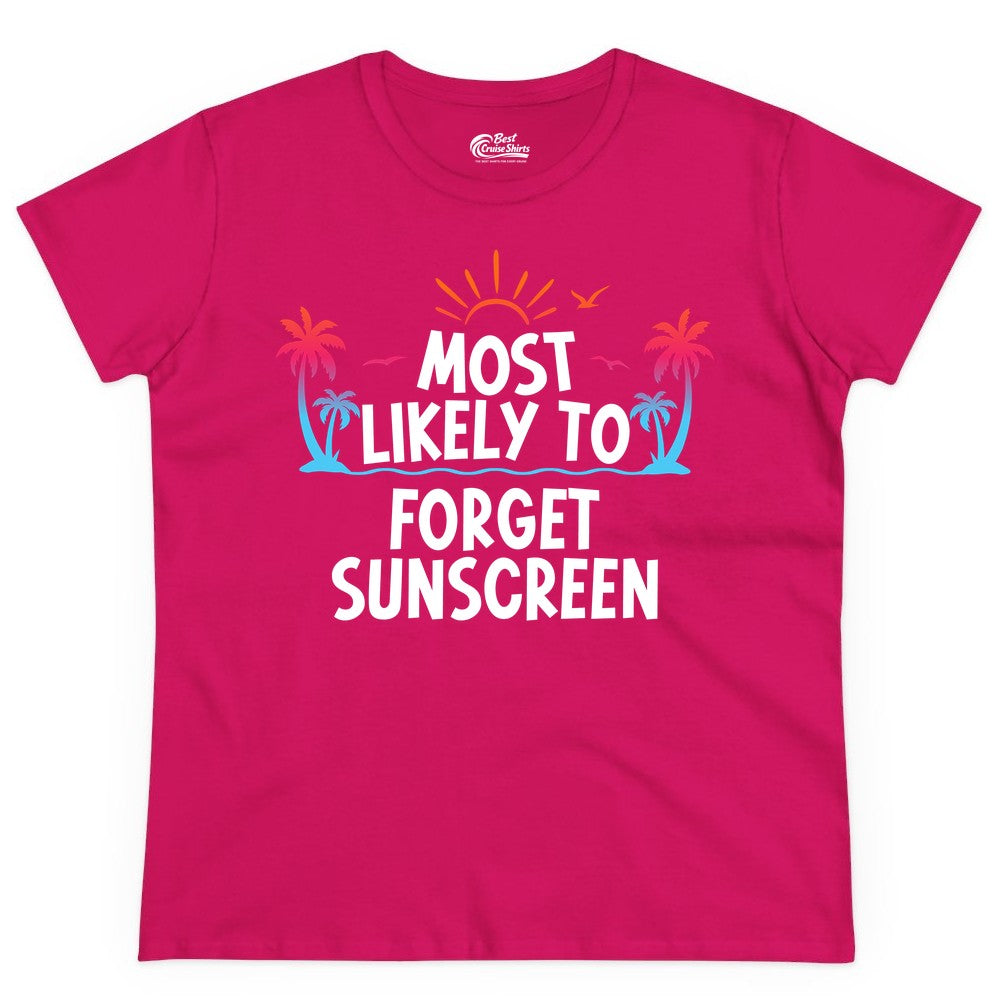 Most Likely to Forget Sunscreen Shirt - Funny Beach Vacation Tee (Ladies Tee) in Heliconia - Most Likely To Forget Sunscreen Shirt - Funny Tropical Beach Sunset Tee