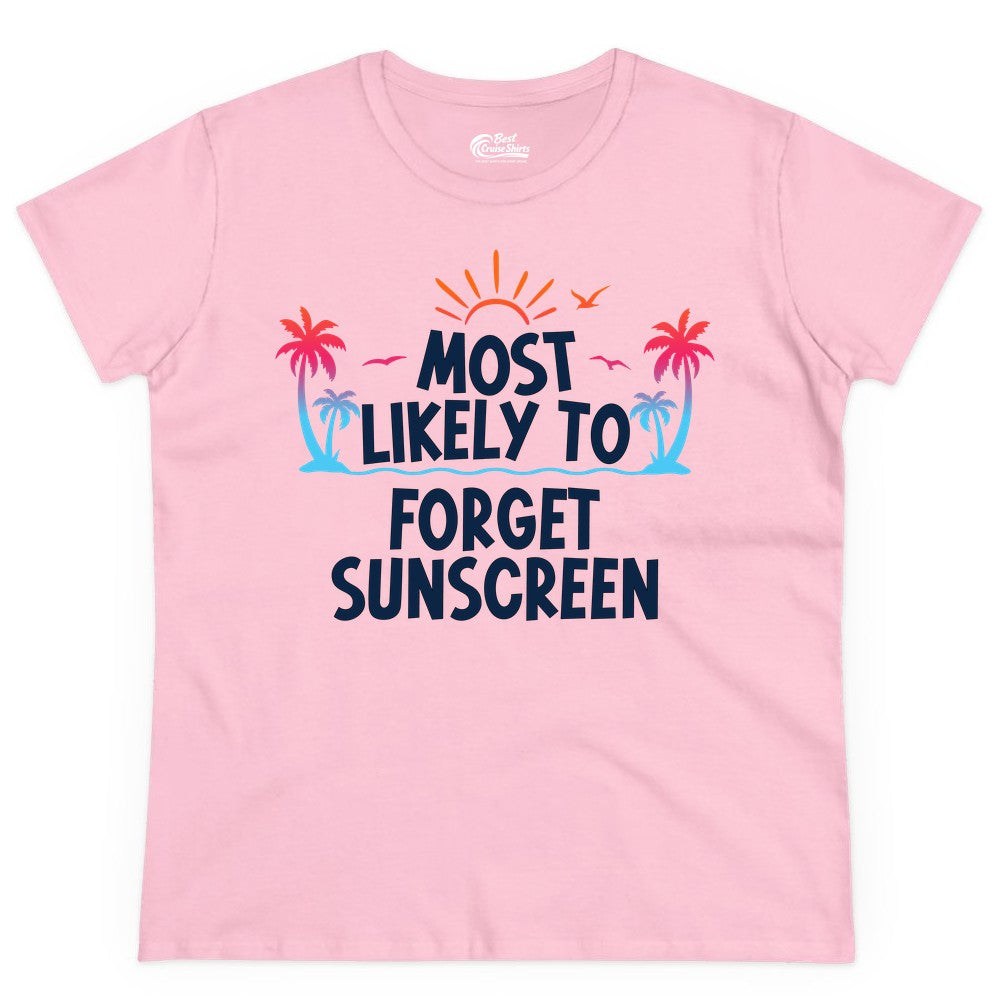 Most Likely to Forget Sunscreen Shirt - Funny Beach Vacation Tee (Ladies Tee) in Light Pink - Most Likely To Forget Sunscreen Shirt - Funny Tropical Beach Sunset Tee