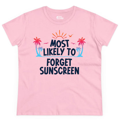 Most Likely to Forget Sunscreen Shirt - Funny Beach Vacation Tee (Ladies Tee) in Light Pink - Most Likely To Forget Sunscreen Shirt - Funny Tropical Beach Sunset Tee