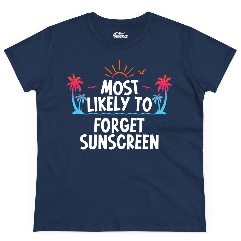 Most Likely to Forget Sunscreen Shirt - Funny Beach Vacation Tee (Ladies Tee) in Navy - Most Likely To Forget Sunscreen Shirt - Funny Tropical Beach Sunset Tee