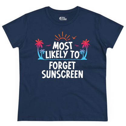 Most Likely to Forget Sunscreen Shirt - Funny Beach Vacation Tee (Ladies Tee) in Navy - Most Likely To Forget Sunscreen Shirt - Funny Tropical Beach Sunset Tee