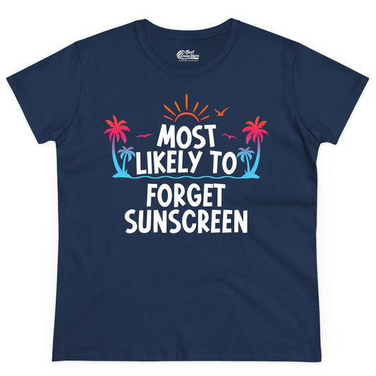 Most Likely to Forget Sunscreen Shirt - Funny Beach Vacation Tee (Ladies Tee) in Navy - Most Likely To Forget Sunscreen Shirt - Funny Tropical Beach Sunset Tee