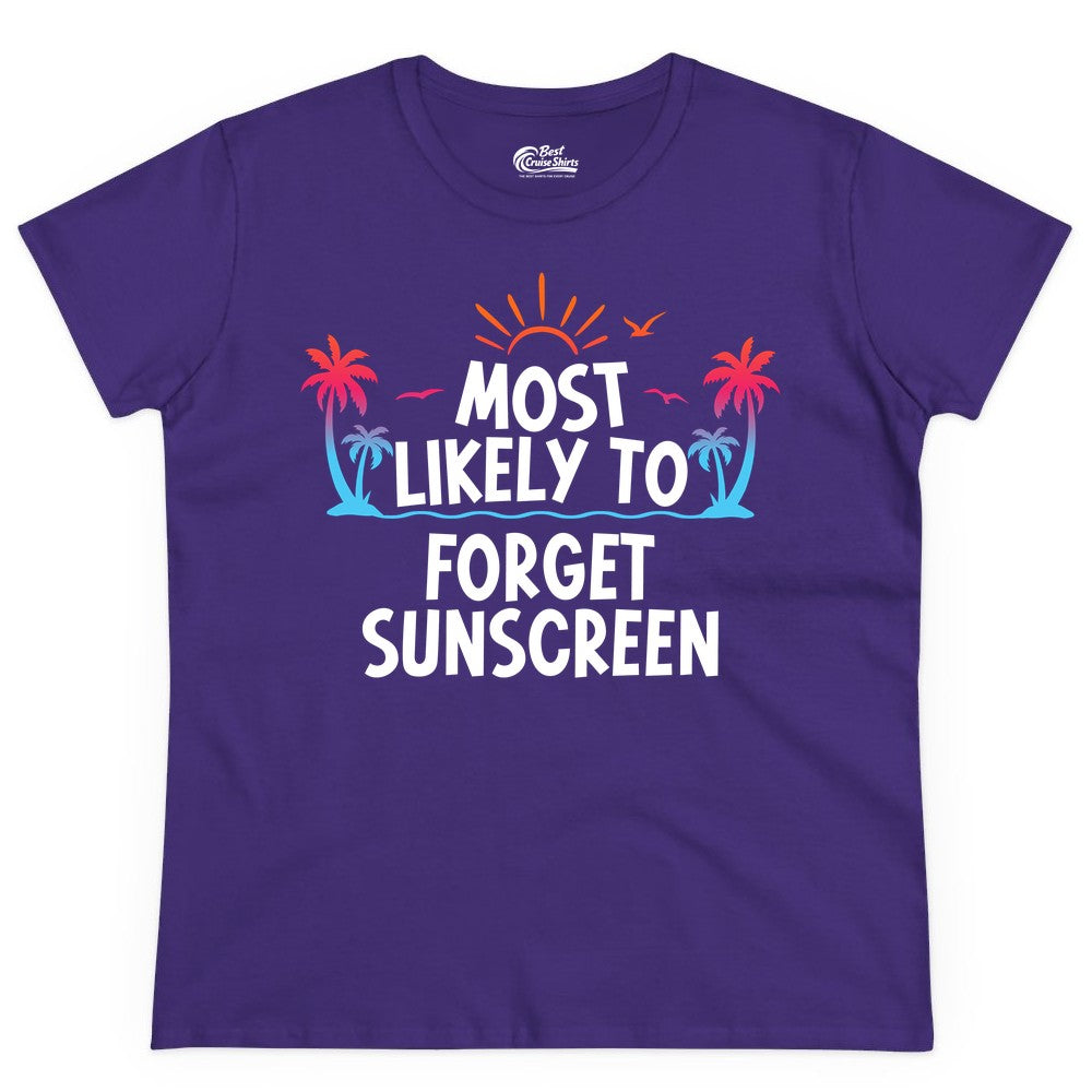 Most Likely to Forget Sunscreen Shirt - Funny Beach Vacation Tee (Ladies Tee) in Purple - Most Likely To Forget Sunscreen Shirt - Funny Tropical Beach Sunset Tee