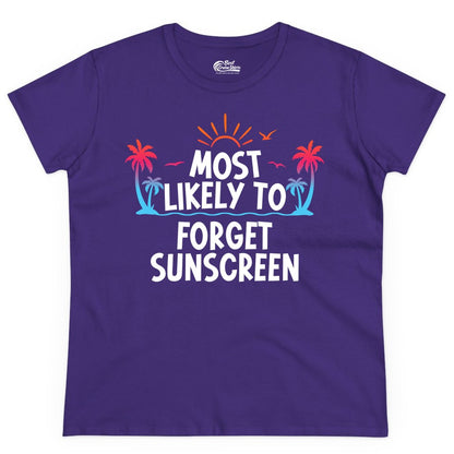 Most Likely to Forget Sunscreen Shirt - Funny Beach Vacation Tee (Ladies Tee) in Purple - Most Likely To Forget Sunscreen Shirt - Funny Tropical Beach Sunset Tee