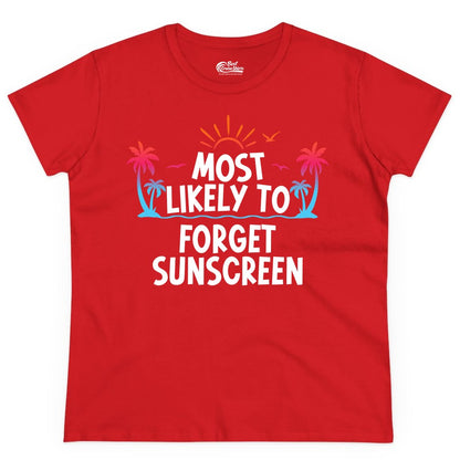 Most Likely to Forget Sunscreen Shirt - Funny Beach Vacation Tee (Ladies Tee) in Red - Most Likely To Forget Sunscreen Shirt - Funny Tropical Beach Sunset Tee