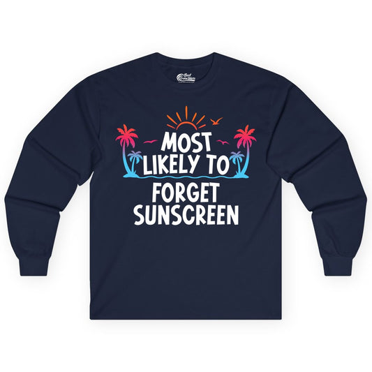 Most Likely to Forget Sunscreen Shirt - Funny Beach Vacation Tee (Long Sleeve) in Navy - Most Likely To Forget Sunscreen Shirt - Funny Tropical Beach Sunset Tee
