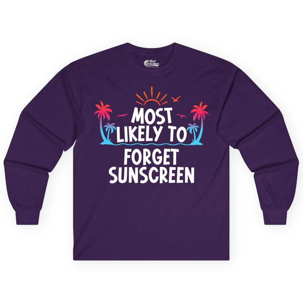 Most Likely to Forget Sunscreen Shirt - Funny Beach Vacation Tee (Long Sleeve) in Purple - Most Likely To Forget Sunscreen Shirt - Funny Tropical Beach Sunset Tee