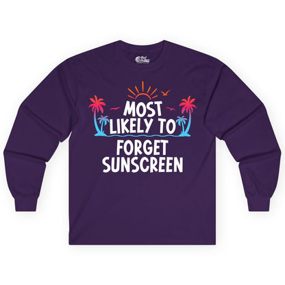 Most Likely to Forget Sunscreen Shirt - Funny Beach Vacation Tee (Long Sleeve) in Purple - Most Likely To Forget Sunscreen Shirt - Funny Tropical Beach Sunset Tee