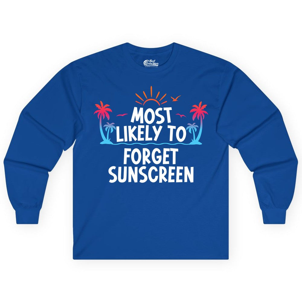 Most Likely to Forget Sunscreen Shirt - Funny Beach Vacation Tee (Long Sleeve) in Royal - Most Likely To Forget Sunscreen Shirt - Funny Tropical Beach Sunset Tee