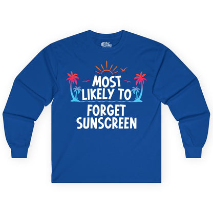 Most Likely to Forget Sunscreen Shirt - Funny Beach Vacation Tee (Long Sleeve) in Royal - Most Likely To Forget Sunscreen Shirt - Funny Tropical Beach Sunset Tee